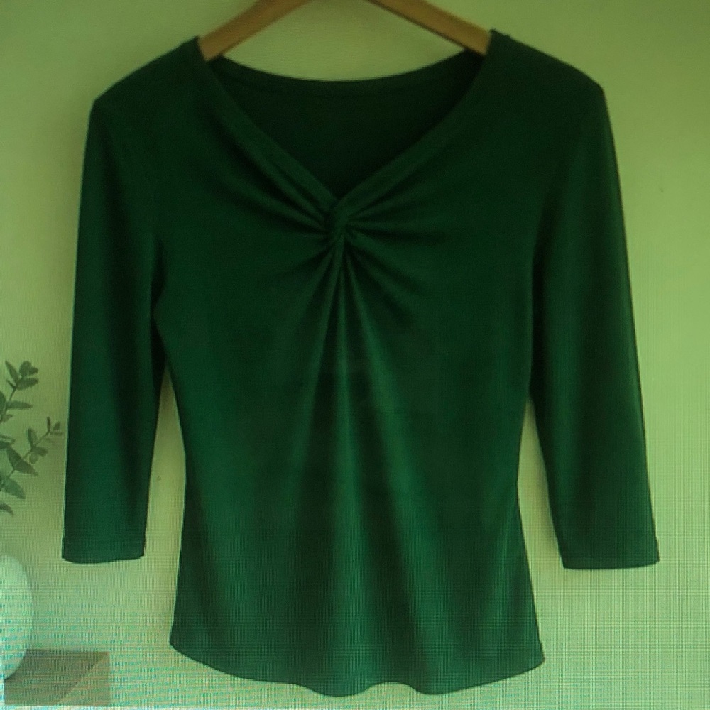 Twist-Front Green V-Neck Women's Blouse